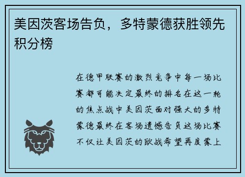 美因茨客场告负，多特蒙德获胜领先积分榜